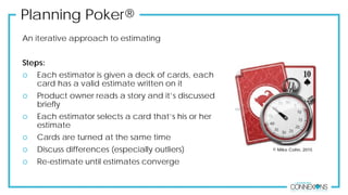 Planning Poker®
An iterative approach to estimating
Steps:
 Each estimator is given a deck of cards, each
card has a valid estimate written on it
 Product owner reads a story and it’s discussed
briefly
 Each estimator selects a card that’s his or her
estimate
 Cards are turned at the same time
 Discuss differences (especially outliers)
 Re-estimate until estimates converge
© Mike Cohn, 2015
 
