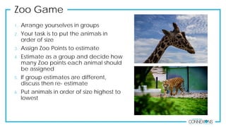 1. Arrange yourselves in groups
2. Your task is to put the animals in
order of size
3. Assign Zoo Points to estimate
4. Estimate as a group and decide how
many Zoo points each animal should
be assigned
5. If group estimates are different,
discuss then re- estimate
6. Put animals in order of size highest to
lowest
Zoo Game
 