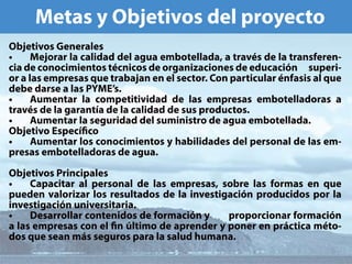 䴀攀琀愀猀 礀 伀戀樀攀琀椀瘀漀猀 搀攀氀 瀀爀漀礀攀挀琀漀
伀戀樀攀琀椀瘀漀猀 䜀攀渀攀爀愀氀攀猀
∠  䴀攀樀漀爀愀爀 氀愀 挀愀氀椀搀愀搀 搀攀氀 愀最甀愀 攀洀戀漀琀攀氀氀愀搀愀Ⰰ 愀 琀爀愀瘀猀 搀攀 氀愀 琀爀愀渀猀昀攀爀攀渀ⴀ
挀椀愀 搀攀 挀漀渀漀挀椀洀椀攀渀琀漀猀 琀挀渀椀挀漀猀 搀攀 漀爀最愀渀椀稀愀挀椀漀渀攀猀 搀攀 攀搀甀挀愀挀椀渀      猀甀瀀攀爀椀ⴀ
漀爀 愀 氀愀猀 攀洀瀀爀攀猀愀猀 焀甀攀 琀爀愀戀愀樀愀渀 攀渀 攀氀 猀攀挀琀漀爀⸀ 䌀漀渀 瀀愀爀琀椀挀甀氀愀爀 渀昀愀猀椀猀 愀氀 焀甀攀 
搀攀戀攀 搀愀爀猀攀 愀 氀愀猀 倀夀䴀䔀ᤠ猀⸀
∠  䄀甀洀攀渀琀愀爀 氀愀 挀漀洀瀀攀琀椀琀椀瘀椀搀愀搀 搀攀 氀愀猀 攀洀瀀爀攀猀愀猀 攀洀戀漀琀攀氀氀愀搀漀爀愀猀 愀 
琀爀愀瘀猀 搀攀 氀愀 最愀爀愀渀琀愀 搀攀 氀愀 挀愀氀椀搀愀搀 搀攀 猀甀猀 瀀爀漀搀甀挀琀漀猀⸀
∠  䄀甀洀攀渀琀愀爀 氀愀 猀攀最甀爀椀搀愀搀 搀攀氀 猀甀洀椀渀椀猀琀爀漀 搀攀 愀最甀愀 攀洀戀漀琀攀氀氀愀搀愀⸀
伀戀樀攀琀椀瘀漀 䔀猀瀀攀挀挀漀
∠  䄀甀洀攀渀琀愀爀 氀漀猀 挀漀渀漀挀椀洀椀攀渀琀漀猀 礀 栀愀戀椀氀椀搀愀搀攀猀 搀攀氀 瀀攀爀猀漀渀愀氀 搀攀 氀愀猀 攀洀ⴀ
瀀爀攀猀愀猀 攀洀戀漀琀攀氀氀愀搀漀爀愀猀 搀攀 愀最甀愀⸀
伀戀樀攀琀椀瘀漀猀 倀爀椀渀挀椀瀀愀氀攀猀
∠  䌀愀瀀愀挀椀琀愀爀 愀氀 瀀攀爀猀漀渀愀氀 搀攀 氀愀猀 攀洀瀀爀攀猀愀猀Ⰰ 猀漀戀爀攀 氀愀猀 昀漀爀洀愀猀 攀渀 焀甀攀 
瀀甀攀搀攀渀 瘀愀氀漀爀椀稀愀爀 氀漀猀 爀攀猀甀氀琀愀搀漀猀 搀攀 氀愀 椀渀瘀攀猀琀椀最愀挀椀渀 瀀爀漀搀甀挀椀搀漀猀 瀀漀爀 氀愀     
椀渀瘀攀猀琀椀最愀挀椀渀 甀渀椀瘀攀爀猀椀琀愀爀椀愀⸀
∠  䐀攀猀愀爀爀漀氀氀愀爀 挀漀渀琀攀渀椀搀漀猀 搀攀 昀漀爀洀愀挀椀渀 礀        瀀爀漀瀀漀爀挀椀漀渀愀爀 昀漀爀洀愀挀椀渀 
愀 氀愀猀 攀洀瀀爀攀猀愀猀 挀漀渀 攀氀 渀 切氀琀椀洀漀 搀攀 愀瀀爀攀渀搀攀爀 礀 瀀漀渀攀爀 攀渀 瀀爀挀琀椀挀愀 洀琀漀ⴀ
搀漀猀 焀甀攀 猀攀愀渀 洀猀 猀攀最甀爀漀猀 瀀愀爀愀 氀愀 猀愀氀甀搀 栀甀洀愀渀愀⸀
 