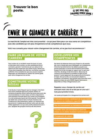 10
1
?
Trouver le bon
poste.
envie de changer de carriÈre ?
FAIRE UN BILAN DE VOTRE
CARRIÈRE
Faire le bilan est un excellent moyen de savoir où vous
en êtes dans votre carrière, où vous souhaiteriez être et
comment y parvenir. Commencez par vos valeurs et les
aspects de votre travail que vous aimez le plus. Pensez aux
choses dans lesquelles vous êtes bon, vos tâches courantes
préférées et les compétences que vous pouvez acquérir.
Regroupez ces informations et utilisez-les comme guide
pour votre changement de carrière.
CONSTRUIRE VOTRE
RÉSEAU
Il est de plus en plus fréquent que les managers cherchent
leurs futurs employés dans leurs propres réseaux, et
certaines entreprises offrent même des bonus pour avoir des
recommandations. Si votre réseau se limite uniquement à
votre domaine d’activité (dont vous voulez vous échapper),
il y a de nombreuses façons de le faire grandir. Commencez
par établir des contacts réels et virtuels. Assistez à des
conférences et des évènements, parlez à un maximum de
personnes et n’oubliez pas de donner votre carte de visite.
Veillez également à ce que votre profil professionnel soit à
jour, rejoignez des groupes et lancez des discussions.
Le marché de l’emploi est très concurrentiel - ce qui peut faire peur car vous serez en compétition
avec des candidats qui ont plus d’expérience et de compétences que vous.
Voici nos conseils pour réussir votre changement de carrière, et ne pas tout recommencer !
DÉVELOPPER VOS
COMPÉTENCES
Pas besoin de dépenser beaucoup d’argent ou de prendre
des cours à temps plein pour développer vos compétences.
Cherchez les évènements et les débats auxquels vous
pouvez participer ou encore des formations ponctuelles.
Essayez de lire des ouvrages en rapport avec ce que vous
cherchez, des blogs et des livres blancs. Beaucoup de
contenus sont facilement accessibles en ligne et sont
gratuits. Il existe également des programmes de formation
en ligne, tels que Lynda, où vous pouvez adapter la
formation à vos besoins. Vous pouvez aussi suivre des cours
gratuits en ligne via notre MOOC Aquent Gymnasium,
disponible sur https://thegymnasium.com.
Rappelez-vous, changer de carrière est
stimulant mais cela ne se fait pas en une nuit !
Cela peut prendre 6 mois.
Les causes principales d’un changement de carrière sont :
Frustration et ennui, sentiment de ne pas mettre
en oeuvre ses meilleures capacités
Plan de licenciement ou fermeture d’entreprise
Travailler dans une entreprise en perte de
vitesse ou en pleine mutation technologique
Changement de valeurs
Bouleversements d’ordre personnel
Burnout ou stress
 