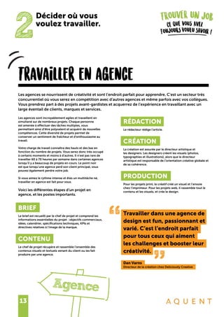 13
Travailler en agence
“ “
Les agences sont incroyablement agiles et travaillent en
simultané sur de nombreux projets. Chaque personne
est amenée à effectuer des tâches multiples, vous
permettant ainsi d’être polyvalent et acquérir de nouvelles
compétences. Cette diversité de projets permet de
conserver un sentiment de fraîcheur et d’enthousiasme au
travail.
Votre charge de travail connaîtra des hauts et des bas en
fonction du nombre de projets. Vous serez donc très occupé
à certains moments et moins à d’autres. Il n’est pas rare de
travailler 60 à 70 heures par semaine dans certaines agences
lorsqu’il y a beaucoup de projets en cours. Le point noir
est que lorsqu’une agence perd son client principal, vous
pouvez également perdre votre job.
Si vous aimez le rythme intense et êtes un multitâche né,
travailler en agence est fait pour vous.
Voici les différentes étapes d’un projet en
agence, et les postes importants.
BRIEF
Le brief est recueilli par le chef de projet et comprend les
informations essentielles du projet : objectifs commerciaux,
idées, calendrier, spécifications techniques, KPIs et
directives relatives à l’image de la marque.
CONTENU
Le chef de projet récupère et rassemble l’ensemble des
contenus visuels et textuels venant du client ou les fait
produire par une agence.
Les agences se nourrissent de créativité et sont l’endroit parfait pour apprendre. C’est un secteur très
concurrentiel où vous serez en compétition avec d’autres agences et même parfois avec vos collègues.
Vous prendrez part à des projets avant-gardistes et acquerrez de l’expérience en travaillant avec un
large éventail de clients, marques et services.
RÉDACTION
Le rédacteur rédige l’article.
CRÉATION
La création est assurée par le directeur artistique et
les designers. Les designers créent les visuels (photos,
typographies et illustrations), alors que le directeur
artistique est responsable de l’orientation créative globale et
de sa cohérence.
PRODUCTION
Pour les projets print, le créatif créé un visuel et l’envoie
chez l’imprimeur. Pour les projets web, il rassemble tout le
contenu et les visuels, et crée le design.
Travailler dans une agence de
design est fun, passionnant et
varié. C’est l’endroit parfait
pour tous ceux qui aiment
les challenges et booster leur
créativité.
Dan Varns
Directeur de la création chez Deliciously Creative
2
Décider où vous
voulez travailler.
Agence
 