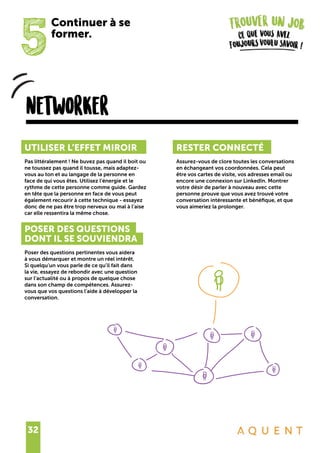 32
5
Continuer à se
former.
networker
UTILISER L’EFFET MIROIR
Pas littéralement ! Ne buvez pas quand il boit ou
ne toussez pas quand il tousse, mais adaptez-
vous au ton et au langage de la personne en
face de qui vous êtes. Utilisez l’énergie et le
rythme de cette personne comme guide. Gardez
en tête que la personne en face de vous peut
également recourir à cette technique - essayez
donc de ne pas être trop nerveux ou mal à l’aise
car elle ressentira la même chose.
POSER DES QUESTIONS
DONT IL SE SOUVIENDRA
Poser des questions pertinentes vous aidera
à vous démarquer et montre un réel intérêt.
Si quelqu’un vous parle de ce qu’il fait dans
la vie, essayez de rebondir avec une question
sur l’actualité ou à propos de quelque chose
dans son champ de compétences. Assurez-
vous que vos questions l’aide à développer la
conversation.
RESTER CONNECTÉ
Assurez-vous de clore toutes les conversations
en échangeant vos coordonnées. Cela peut
être vos cartes de visite, vos adresses email ou
encore une connexion sur LinkedIn. Montrer
votre désir de parler à nouveau avec cette
personne prouve que vous avez trouvé votre
conversation intéressante et bénéfique, et que
vous aimeriez la prolonger.
 
