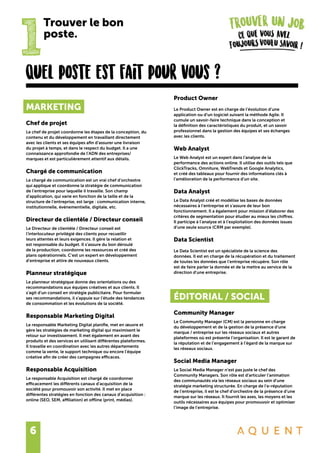 6
1
Trouver le bon
poste.
MARKETING
Chef de projet
Le chef de projet coordonne les étapes de la conception, du
contenu et du développement en travaillant directement
avec les clients et ses équipes afin d’assurer une livraison
du projet à temps, et dans le respect du budget. Il a une
connaissance approfondie de l’ADN des entreprises/
marques et est particulièrement attentif aux détails.
Chargé de communication
Le chargé de communication est un vrai chef d’orchestre
qui applique et coordonne la stratégie de communication
de l’entreprise pour laquelle il travaille. Son champ
d’application, qui varie en fonction de la taille et de la
structure de l’entreprise, est large : communication interne,
institutionnelle, événementielle, digitale, etc.
Directeur de clientèle / Directeur conseil
Le Directeur de clientèle / Directeur conseil est
l’interlocuteur privilégié des clients pour recueillir
leurs attentes et leurs exigences. Il gère la relation et
est responsable du budget. Il s’assure du bon déroulé
de la production, coordonne les ressources et créé des
plans opérationnels. C’est un expert en développement
d’entreprise et attire de nouveaux clients.
Planneur stratégique
Le planneur stratégique donne des orientations ou des
recommandations aux équipes créatives et aux clients. Il
s’agit d’un conseil en stratégie publicitaire. Pour formuler
ses recommandations, il s’appuie sur l’étude des tendances
de consommation et les évolutions de la société.
Responsable Marketing Digital
Le responsable Marketing Digital planifie, met en œuvre et
gère les stratégies de marketing digital qui maximisent le
retour sur investissement. Il met également en avant des
produits et des services en utilisant différentes plateformes.
Il travaille en coordination avec les autres départements
comme la vente, le support technique ou encore l’équipe
créative afin de créer des campagnes efficaces.
Responsable Acquisition
Le responsable Acquisition est chargé de coordonner
efficacement les différents canaux d’acquisition de la
société pour promouvoir son activité. Il met en place
différentes stratégies en fonction des canaux d’acquisition :
online (SEO, SEM, affiliation) et offline (print, médias).
Product Owner
Le Product Owner est en charge de l’évolution d’une
application ou d’un logiciel suivant la méthode Agile. Il
cumule un savoir-faire technique dans la conception et
la définition des caractéristiques du produit, et un savoir
professionnel dans la gestion des équipes et ses échanges
avec les clients.
Web Analyst
Le Web Analyst est un expert dans l’analyse de la
performance des actions online. Il utilise des outils tels que
ClickTracks, Omniture, WebTrends et Google Analytics,
et créé des tableaux pour fournir des informations clés à
l’amélioration de la performance d’un site.
Data Analyst
Le Data Analyst créé et modélise les bases de données
nécessaires à l’entreprise et s’assure de leur bon
fonctionnement. Il a également pour mission d’élaborer des
critères de segmentation pour étudier au mieux les chiffres.
Il participe à l’analyse et à l’exploitation des données issues
d’une seule source (CRM par exemple).
Data Scientist
Le Data Scientist est un spécialiste de la science des
données. Il est en charge de la récupération et du traitement
de toutes les données que l’entreprise récupère. Son rôle
est de faire parler la donnée et de la mettre au service de la
direction d’une entreprise.
ÉDITORIAL / SOCIAL
Community Manager
Le Community Manager (CM) est la personne en charge
du développement et de la gestion de la présence d’une
marque / entreprise sur les réseaux sociaux et autres
plateformes où est présente l’organisation. Il est le garant de
la réputation et de l’engagement à l’égard de la marque sur
les réseaux sociaux.
Social Media Manager
Le Social Media Manager n’est pas juste le chef des
Community Managers. Son rôle est d’articuler l’animation
des communautés via les réseaux sociaux au sein d’une
stratégie marketing structurée. En charge de l’e-réputation
de l’entreprise, il est le chef d’orchestre de la présence d’une
marque sur les réseaux. Il fournit les axes, les moyens et les
outils nécessaires aux équipes pour promouvoir et optimiser
l’image de l’entreprise.
Quel poste est fait pour vous ?
 