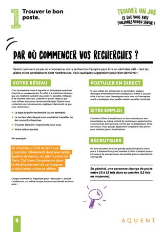 8
1
Trouver le bon
poste.
par oÙ commencer vos recherches ?
VOTRE RÉSEAU
C’est la première chose à laquelle on doit penser quand on
cherche un nouveau poste. En effet, il y a de fortes chances
que vos relations puissent vous aider. Si possible, indiquez-
le de manière claire sur LinkedIn et autres réseaux que
vous utilisez dans votre recherche d’emploi. Quand vous
contactez vos connaissances, expliquez clairement ce que
vous recherchez :
•	 Le type de poste recherché (ou un exemple)
•	 Le secteur dans lequel vous souhaitez travailler ou
	 des noms d’entreprises
•	 D’autres éléments importants pour vous
•	 Votre valeur ajoutée
Par exemple :
Je cherche un CDI en tant que
graphiste, idéalement dans une petite
agence de design, en plein centre de
Paris. J’ai 5 ans d’expérience dans
le développement de campagnes
publicitaires online et offline.
Chaque moment est important pour « réseauter », lors de
conférences, ou même lorsque vous êtes en famille ou entre
amis !
Savoir comment et par où commencer votre recherche d’emploi peut être un véritable défi - tant les
pistes et les candidatures sont nombreuses. Voici quelques suggestions pour bien démarrer :
POSTULER EN DIRECT
Si vous ciblez des entreprises en particulier, essayez
d’envoyer directement votre candidature, même si aucune
offre n’est en cours. Renseignez-vous bien sur l’entreprise
avant et expliquez pour quelles raisons vous les contactez.
SITES EMPLOI
Les sites d’offres d’emploi sont un bon endroit pour voir
rassemblées au même endroit de nombreuses opportunités.
Les annonces sont postées à la fois par les employeurs et les
recruteurs. Vous pouvez également enregistrer des alertes
pour certains jobs et localisations.
RECRUTEURS
Un bon recruteur fera une grande partie du travail à votre
place. Il dispose d’un grand nombre d’offres d’emploi et sera
en mesure de vous proposer des postes qui correspondent à
votre profil.
En général, une personne change de poste
entre 10 à 15 fois dans sa carrière (12 fois
en moyenne).
 