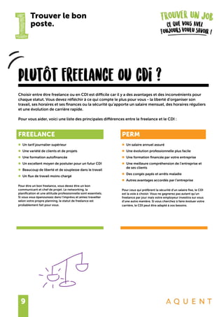 9
1
Trouver le bon
poste.
FREELANCE
•	 Un tarif journalier supérieur
•	 Une variété de clients et de projets
•	 Une formation autofinancée
•	 Un excellent moyen de postuler pour un futur CDI
•	 Beaucoup de liberté et de souplesse dans le travail
•	 Un flux de travail moins chargé
Pour être un bon freelance, vous devez être un bon
communicant et chef de projet. Le networking, la
planification et une attitude professionnelle sont essentiels.
Si vous vous épanouissez dans l’imprévu et aimez travailler
selon votre propre planning, le statut de freelance est
probablement fait pour vous.
PERM
•	 Un salaire annuel assuré
•	 Une évolution professionnelle plus facile
•	 Une formation financée par votre entreprise
•	 Une meilleure compréhension de l’entreprise et
	 de ses clients
•	 Des congés payés et arrêts maladie
•	 Autres avantages accordés par l’entreprise
Pour ceux qui préfèrent la sécurité d’un salaire fixe, le CDI
est la voie à choisir. Vous ne gagnerez pas autant qu’un
freelance par jour mais votre employeur investira sur vous
d’une autre manière. Si vous cherchez à faire évoluer votre
carrière, le CDI peut être adapté à vos besoins.
Choisir entre être freelance ou en CDI est difficile car il y a des avantages et des inconvénients pour
chaque statut. Vous devez réfléchir à ce qui compte le plus pour vous - la liberté d’organiser son
travail, ses horaires et ses finances ou la sécurité qu’apporte un salaire mensuel, des horaires réguliers
et une évolution de carrière rapide.
Pour vous aider, voici une liste des principales différences entre le freelance et le CDI :
plutÔt freelance ou cdi ?
 