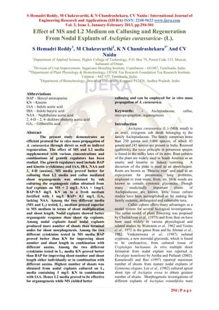 S Hemadri Reddy, M Chakravarthi, K N Chandrashekara, CV Naidu / International Journal of
     Engineering Research and Applications (IJERA) ISSN: 2248-9622 www.ijera.com
                   Vol. 3, Issue 1, January-February 2013, pp.294-301
    Effect of MS and L2 Medium on Callusing and Regeneration
         From Nodal Explants of Asclepias curassavica- (L).
    S Hemadri Reddy1, M Chakravarthi2, K N Chandrashekara3* And CV
                               Naidu
    1
     Department of Applied Science, Higher College of Technology, P.O. Box 74, Postal Code 133, Muscat,
                                              Sultanate of Oman.
     2
       Division of Crop Improvement, Sugarcane Breeding Institute, Coimbatore - 641007, Tamilnadu, India.
 3
   *Department of Plant Physiology & Biotechnology, UPASI Tea Research Foundation Tea Research Institute,
                                     Valparai – 642 127, Tamilnadu, India.
          4
            Department of Biotechnology, Dravidian University, Kuppam-517426, Andhra Pradesh, India


Abbreviations
BAP – Benzyl aminopurine                                callusing and can be employed for in vitro mass
KN – Kinetin                                            propagation of A. curassavica.
IAA – Indole acetic acid
IBA – Indole butyric acid                               Keywords:        -     Asclepiadaceae,         callus,
NAA – Naphthalene acetic acid                           micropropagation, organogenesis
2, 4-D – 2, 4- dichloro phenoxy acetic acid
GA3 – Gibberellic acid                                  Introduction
                                                                  Asclepias curassavica (L.) (Milk weed) is
Abstract                                                an erect, evergreen sub shrub belonging to the
          The present study demonstrates an             family Asclepiadaceae. The family comprises more
efficient protocol for in vitro mass propagation of     than 250 genera and 3,000 species, of which 43
A. curassavica through direct as well as indirect       genera and 243 species are present in India. Resinoid
regeneration. The effect of MS and L2 media             (galitoxin), the toxic principle in poisonous species
supplemented with various concentrations and            is found in the milky latex of its stem. Root extracts
combinations of growth regulators has been              of the plant are widely used in South America as an
studied. The growth regulators used include BAP         emetic and laxative to induce vomiting.             A
and kinetin (cytokinins) and IAA, IBA, NAA and          decoction of the plant is used as an abortifacient.
2, 4-D (auxins). MS media proved better for             Roots are known as ‘Pleurisy root” and used as an
callusing than L2 media and callus mediated             expectorant for pneumonia, lung problems,
shoot organogenesis was obtained by sub                 employed to treat warts, fever, etc. Milk weeds are
culturing the organogenic callus obtained from          known to contain cytotoxic glycosides. Though
leaf explants on MS + 2 mg/L NAA + 1mg/L                many       medicinally     important      plants    of
BAP+0.5 mg/L KN on to a fresh medium                    Asclepiadaceae are known, little tissue culture
fortified with 1 mg/L BAP+ 0.1 mg/L GA3                 studies have been accomplished so far making the
lacking NAA. Among the two different media              family endemic, endangered and vulnerable taxa.
(MS and L2) tested, L2 medium proved superior                     Callus culture offers many advantages as a
to MS medium in terms of shoot multiplication           model system for several biological investigations.
and shoot length. Nodal explants showed better          The callus model of plant flowering was proposed
organogenic response than shoot tip explants.           by Chailakhyan et al., (1975) and from then on have
Among nodal explants basal nodal explants               been used widely in various physiological and
produced more number of shoots than terminal            related studies by Weinstein et al., 1962 and Vesins
nodes for shoot morphogenesis. Among the two            et al., 1972 in the genus Rosa and by Altman et al.,
different cytokinins tested in MS media BAP             1982. Venkateswara et al., (1987) isolated
proved better than KN for improving shoot               cryptosin, a new steroidal glycoside, which is found
number and shoot length in combination with             to be cardioactive, from cultured tissue of
different auxins. Among the two different               Cryptolepis buchanani. In vitro multiple shoot
cytokinins tested in L2 media KN proved better          formation from nodal explant was reported in
than BAP for improving shoot number and shoot           Decalepis hamiltonii by Anitha and Pullaiah (2002).
length either individually or in combination with       Komalavalli and Rao (1997) reported maximum
different auxins. Highest number of shoots was          number of shoots from mature nodal explants of
obtained from nodal explants cultured on L2             Gymnema elegans. Lee et al., (1982) cultured apical
media containing 3 mg/L KN in combination               shoot tips of Asclepias erosa to obtain greatest
with IAA. Hence L2 media proved to be effective         number of shoots. Morphogenetic investigations of
for organogenesis while MS yielded better               different explants of Asclepias rotundifolia were

                                                                                              294 | P a g e
 