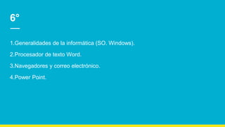 6°
1.Generalidades de la informática (SO. Windows).
2.Procesador de texto Word.
3.Navegadores y correo electrónico.
4.Power Point.
 