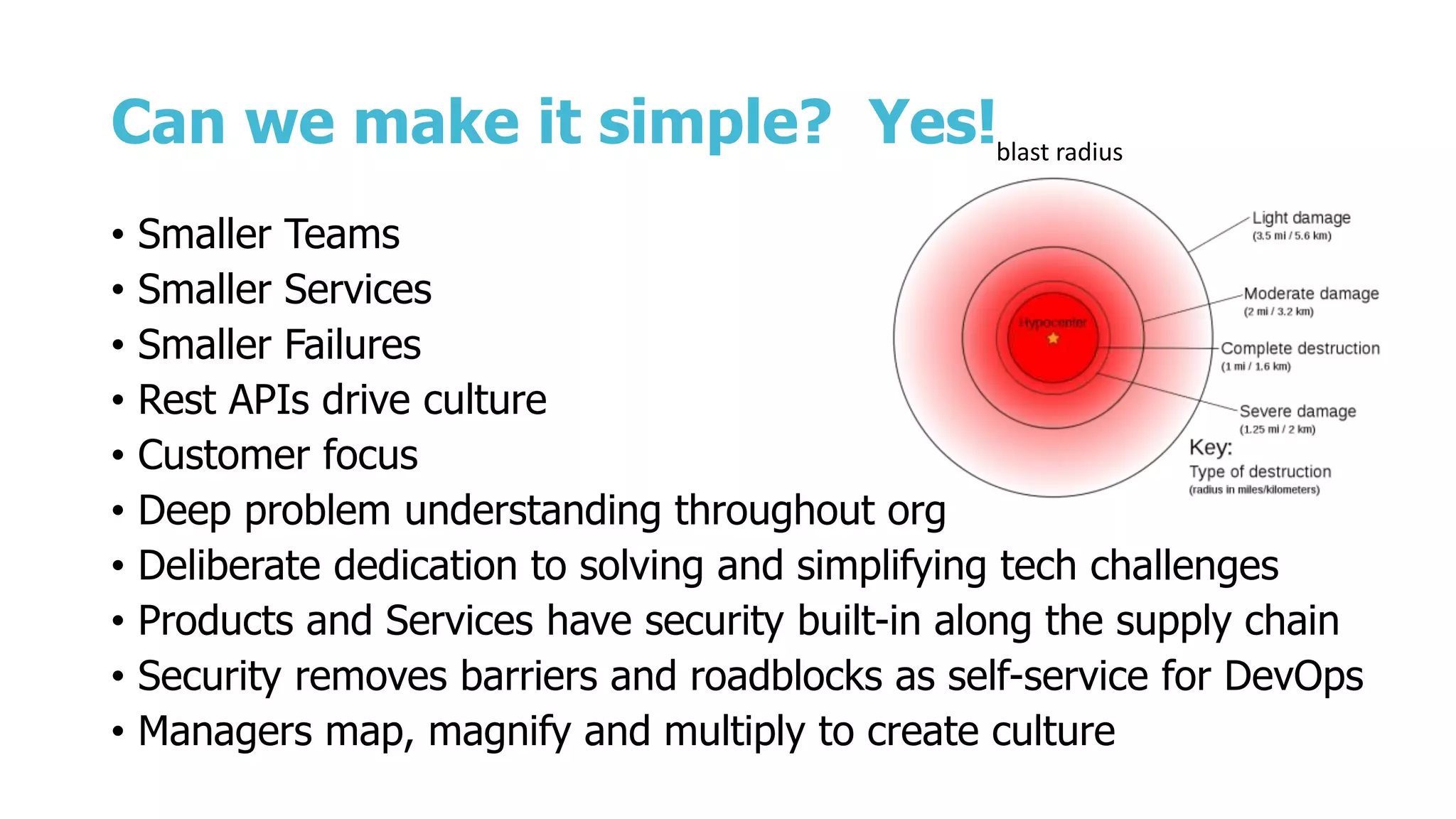 Can we make it simple? Yes!
• Smaller Teams
• Smaller Services
• Smaller Failures
• Rest APIs drive culture
• Customer focus
• Deep problem understanding throughout org
• Deliberate dedication to solving and simplifying tech challenges
• Products and Services have security built-in along the supply chain
• Security removes barriers and roadblocks as self-service for DevOps
• Managers map, magnify and multiply to create culture
blast radius
 