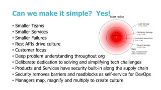 Can we make it simple? Yes!
• Smaller Teams
• Smaller Services
• Smaller Failures
• Rest APIs drive culture
• Customer focus
• Deep problem understanding throughout org
• Deliberate dedication to solving and simplifying tech challenges
• Products and Services have security built-in along the supply chain
• Security removes barriers and roadblocks as self-service for DevOps
• Managers map, magnify and multiply to create culture
blast radius
 