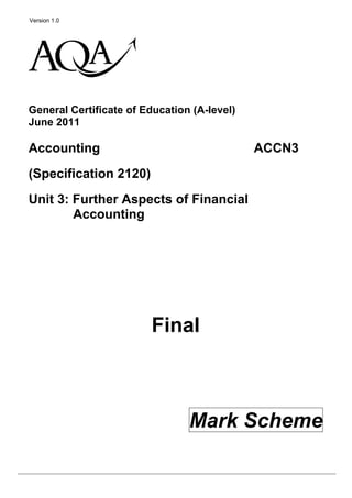 Version 1.0
General Certificate of Education (A-level)
June 2011
Accounting
(Specification 2120)
ACCN3
Unit 3: Further Aspects of Financial
Accounting
Final
Mark Scheme
klm
 