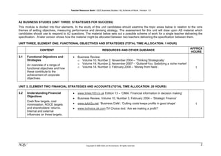 Teacher Resource Bank / GCE Business Studies / A2 Scheme of Work / Version 1.0




A2 BUSINESS STUDIES (UNIT THREE: STRATEGIES FOR SUCCESS)
This module is divided into four elements. In the study of this unit candidates should examine the topic areas below in relation to the core
themes of setting objectives, measuring performance and devising strategy. The assessment for this unit will draw upon AS material which
candidates should use to respond to A2 questions. The material below sets out a possible scheme of work for a single teacher delivering the
specification. A later version shows how the material might be allocated between two teachers delivering the specification between them.

UNIT THREE, ELEMENT ONE: FUNCTIONAL OBJECTIVES AND STRATEGIES (TOTAL TIME ALLOCATION: 1 HOUR)
                                                                                                                                  APPROX
                CONTENT                                                  RESOURCES AND OTHER GUIDANCE
                                                                                                                                  HOURS
3.1   Functional Objectives and          •   Business Review:
      Strategies                             o Volume 10, Number 2, November 2004 – ‘Thinking Strategically’
      An overview of a range of              o Volume 14, Number 2, November 2007 – ‘Guitars4You: Satisfying a niche market’
      functional objectives and how          o Volume 14, Number 3, February 2008 – ‘Money from Nails’.                               1
      these contribute to the
      achievement of corporate
      objectives.

UNIT 3, ELEMENT TWO FINANCIAL STRATEGIES AND ACCOUNTS (TOTAL TIME ALLOCATION: 20 HOURS)

3.2   Understanding Financial            •   www.times100.co.uk Edition 13 – ‘CIMA: Financial information in decision making’
      Objectives
                                         •   Business Review, Volume 10, Number 3, February 2004 – ‘Strategic Finance’
      Cash flow targets, cost
      minimisation, ROCE targets         •   www.tutor2u.net ‘Business Café’: ‘Cutting costs keeps profits in good shape’             1
      and shareholders’ returns.         •   www.tvchoice.uk.com TV Choice dvd: ‘Are we making a profit?’
      Internal and external
      influences on these targets.




klm                                                   Copyright © 2009 AQA and its licensors. All rights reserved.
                                                                                                                                          2
 