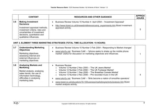 Teacher Resource Bank / GCE Business Studies / A2 Scheme of Work / Version 1.0




                                                                                                                               APPROX
               CONTENT                                                     RESOURCES AND OTHER GUIDANCE
                                                                                                                               HOURS
3.6   Making Investment                 •    Business Review Volume 10 Number 4 April 2004 – ‘Investment Appraisal’
      Decisions
                                        •    http://www.bized.co.uk/timeweb/reference/using_experiments.htm Bized investment
      Investment appraisal methods,          appraisal activity.
      investment criteria, risks and                                                                                             5
      uncertainties of investment
      decisions, quantitative and
      qualitative influences.

UNIT 3, ELEMENT THREE MARKETING STRATEGIES (TOTAL TIME ALLOCATION: 15 HOURS)

3.7   Understanding Marketing            •   Business Review Volume 10 Number 3 Feb 2004 –‘Responding to Market changes’
      Objectives
                                         •   www.tutor2u.net ‘Business Café’ – ‘Iphone seeks to shake up the mobile phone
      Marketing objectives,                  market’ Useful for discussion on marketing objectives and influences.               1
      assessing internal and
      external influences on
      marketing objectives.

3.8   Analysing Markets and              •   Business Review:
      Marketing                              o Volume 12 Number 2 Nov 2005 – ‘The UK Jeans Market’
      Market analysis, analysing             o Volume 12 Number 3 Feb 2006 – ‘The UK Footwear Market’
      sales trends, the use of               o Volume 13 Number 1 Sep 2006 – ‘The Breakfast Cereals Market’
      information technology,                o Volume 13 Number 2 Nov 2006 – ‘Pre recorded music in the UK’                      4
      difficulties in analysing         •    www.tutor2u.net ‘Business Café’ – ‘Brits become a nation of smoothie operators’
      marketing data.
                                         •   www.bized.co.uk/educators/16-19/business/marketing/activity/analysis.htm Bized
                                             market analysis activity.




klm                                                   Copyright © 2009 AQA and its licensors. All rights reserved.
                                                                                                                                     4
 