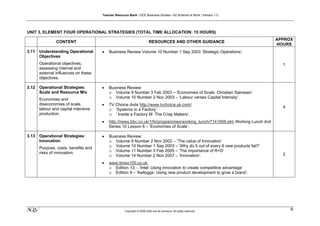 Teacher Resource Bank / GCE Business Studies / A2 Scheme of Work / Version 1.0




UNIT 3, ELEMENT FOUR OPERATIONAL STRATEGIES (TOTAL TIME ALLOCATION: 15 HOURS)
                                                                                                                              APPROX
                CONTENT                                                  RESOURCES AND OTHER GUIDANCE
                                                                                                                              HOURS
3.11   Understanding Operational      •   Business Review Volume 10 Number 1 Sep 2003 ‘Strategic Operations’.
       Objectives
       Operational objectives,                                                                                                  1
       assessing internal and
       external influences on these
       objectives.

3.12   Operational Strategies:        •   Business Review:
       Scale and Resource Mix             o Volume 9 Number 3 Feb 2003 – ‘Economies of Scale: Christian Salvesen’
       Economies and                      o Volume 10 Number 2 Nov 2003 – ‘Labour verses Capital Intensity’.
       diseconomies of scale,         •   TV Choice dvds http://www.tvchoice.uk.com/:
       labour and capital intensive                                                                                             4
                                          o ‘Systems in a Factory’
       production.                        o ‘ Inside a Factory III: The Crisp Makers’.
                                      •   http://news.bbc.co.uk/1/hi/programmes/working_lunch/7141959.stm Working Lunch dvd
                                          Series 10 Lesson 6 – ‘Economies of Scale’.

3.13   Operational Strategies:        •   Business Review:
       Innovation                         o Volume 9 Number 2 Nov 2002 – ‘The value of Innovation’
       Purpose, costs, benefits and       o Volume 10 Number 1 Sep 2003 – ‘Why do 5 out of every 6 new products fail?’
       risks of innovation.               o Volume 11 Number 3 Feb 2005 – ‘The importance of R+D’
                                          o Volume 14 Number 2 Nov 2007 – ‘Innovation’.                                         2

                                      •   www.times100.co.uk:
                                          o Edition 13: - ‘Intel: Using innovation to create competitive advantage’
                                          o Edition 9 – ‘Kelloggs: Using new product development to grow a brand’.




klm                                                  Copyright © 2009 AQA and its licensors. All rights reserved.
                                                                                                                                    6
 