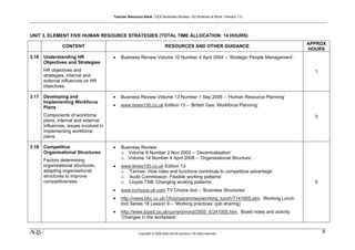 Teacher Resource Bank / GCE Business Studies / A2 Scheme of Work / Version 1.0




UNIT 3, ELEMENT FIVE HUMAN RESOURCE STRATEGIES (TOTAL TIME ALLOCATION: 14 HOURS)
                                                                                                                               APPROX
                CONTENT                                                    RESOURCES AND OTHER GUIDANCE
                                                                                                                               HOURS
3.16   Understanding HR                 •   Business Review Volume 10 Number 4 April 2004 – ‘Strategic People Management’.
       Objectives and Strategies
       HR objectives and                                                                                                         1
       strategies, internal and
       external influences on HR
       objectives.

3.17   Developing and                   •   Business Review Volume 13 Number 1 Sep 2006 – ‘Human Resource Planning’
       Implementing Workforce
       Plans                            •   www.times100.co.uk Edition 13 – ‘British Gas: Workforce Planning’.

       Components of workforce                                                                                                   3
       plans, internal and external
       influences, issues involved in
       implementing workforce
       plans.

3.18   Competitive                      •   Business Review:
       Organisational Structures            o Volume 9 Number 2 Nov 2002 – ‘Decentralisation’
       Factors determining                  o Volume 14 Number 4 April 2008 – ‘Organisational Structure’.
       organisational structures,       •   www.times100.co.uk Edition 13:
       adapting organisational              o ‘Tarmac: How roles and functions contribute to competitive advantage’
       structures to improve                o ‘Audit Commission: Flexible working patterns’
       competitiveness.                     o ‘Lloyds TSB: Changing working patterns’.                                           5
                                        •   www.tvchoice.uk.com TV Choice dvd – ‘Business Structures’
                                        •   http://news.bbc.co.uk/1/hi/programmes/working_lunch/7141959.stm. Working Lunch
                                            dvd Series 18 Lesson 9 – ‘Working practices’ (job sharing)
                                        •   http://www.bized.co.uk/current/mind/2005_6/241005.htm. Bized notes and activity:
                                            ‘Changes in the workplace’.


klm                                                    Copyright © 2009 AQA and its licensors. All rights reserved.
                                                                                                                                     8
 