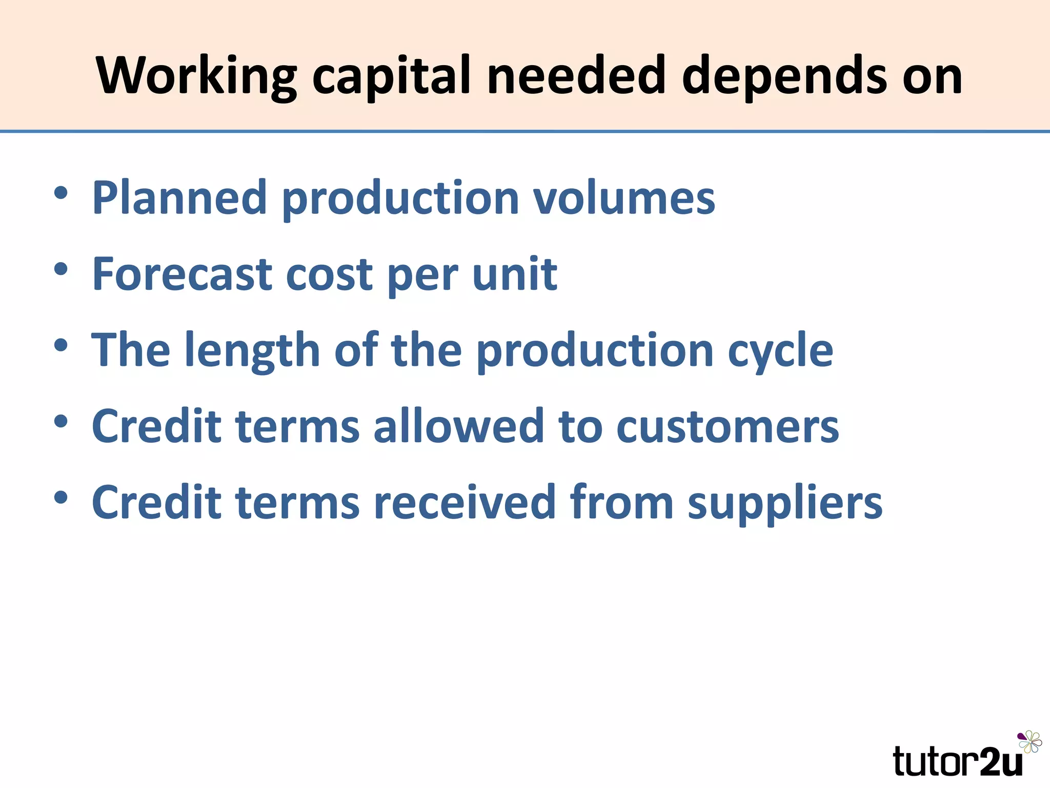 Working capital needed depends on

•   Planned production volumes
•   Forecast cost per unit
•   The length of the production cycle
•   Credit terms allowed to customers
•   Credit terms received from suppliers
 
