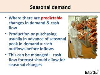 Seasonal demand
• Where there are predictable
  changes in demand & cash
  flow
• Production or purchasing
  usually in ad...