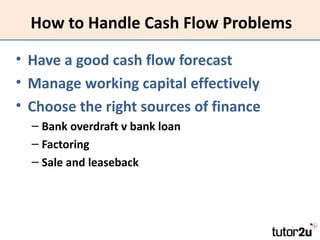 How to Handle Cash Flow Problems

• Have a good cash flow forecast
• Manage working capital effectively
• Choose the right...