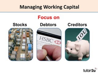 Managing Working Capital
         Focus on
Stocks    Debtors    Creditors
 