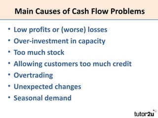 Main Causes of Cash Flow Problems

•   Low profits or (worse) losses
•   Over-investment in capacity
•   Too much stock
• ...
