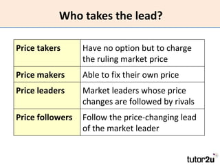 Who takes the lead?

Price takers      Have no option but to charge
                  the ruling market price
Price makers      Able to fix their own price
Price leaders     Market leaders whose price
                  changes are followed by rivals
Price followers   Follow the price-changing lead
                  of the market leader
 