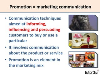 Promotion = marketing communication <ul><li>Communication techniques aimed at  informing, influencing and persuading  cust...