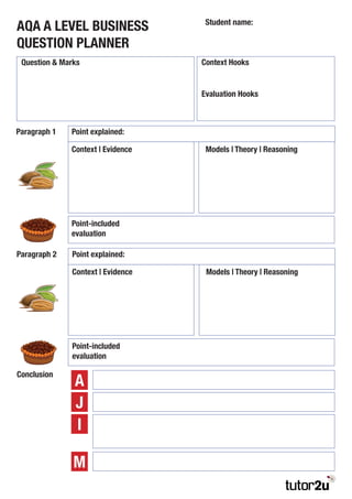 AQA A LEVEL BUSINESS
QUESTION PLANNER
Student name:
Question & Marks
Paragraph 1
Context | Evidence Models | Theory | Reas...
