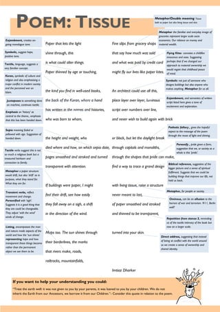 POEM: TISSUE
If you want to help your understanding you could:
“Treat the earth well: it was not given to you by your parents, it was loaned to you by your children. We do not
inherit the Earth from our Ancestors, we borrow it from our Children.”- Consider this quote in relation to the poem.
Paper that lets the light
shine through, this
is what could alter things.
Paper thinned by age or touching,
the kind you find in well-used books,
the back of the Koran, where a hand
has written in the names and histories,
who was born to whom,
the height and weight, who
died where and how, on which sepia date,
pages smoothed and stroked and turned
transparent with attention.
If buildings were paper, I might
feel their drift, see how easily
they fall away on a sigh, a shift
in the direction of the wind.
Maps too. The sun shines through
their borderlines, the marks
that rivers make, roads,
railtracks, mountainfolds,
Fine slips from grocery shops
that say how much was sold
and what was paid by credit card
might fly our lives like paper kites.
An architect could use all this,
place layer over layer, luminous
script over numbers over line,
and never wish to build again with brick
or block, but let the daylight break
through capitals and monoliths,
through the shapes that pride can make,
find a way to trace a grand design
with living tissue, raise a structure
never meant to last,
of paper smoothed and stroked
and thinned to be transparent,
turned into your skin.
Imtiaz Dharker
Enjambment, creates on-
going monologue tone.
Metaphor/Double meaning Tissue
both as paper but also living tissue and skin.
Symbolic, suggest hope,
positive tone.
Tactile, language, suggests a
very familiar concept.
Koran, symbolic of culture and
religion and also emphasising a
major conflict in modern society
and the perceived war on
Islam.
Juxtaposes to something done
on machine, continues tactile.
Emphasis on ‘history’ as
central to the theme., emphasis
that this has been handed down.
Sepia meaning faded or
yellowed with age. Suggestion of
handed down.
Tactile verbs suggest this is not
so much a religious book but a
treasured heirloom and
connection to family.
Metaphor a paper structure
would drift, but also ‘drift’ as in
purpose, what they stand for.
What they are for.
Transient verbs, reflect
movement and change.
Personified with ‘sigh’.
Suggests it is a good thing that
they are could be changeable.
They adjust ‘with the wind’
winds of change.
Listing, encompasses the man
and nature made aspects of the
world and how the ‘sun shines’
representing hope and how
transparent these things become
rather than the permanent
object we see them to be.
Metaphor the familiar and everyday image of
groceries represent larger scale socio
economics. Our reliance on money and
material wealth.
Flying Kites connotes a childlike
innocence and ease. Suggesting
perhaps that if we changed our
approach to material ownership we
would regain that childhood peace
of mind.
Symbolic not just of someone who
designs buildings but also anyone who
makes anything. Metaphor for us all.
Enjambment, and semantics of written
script listed here gives a tone of
excitement and exploration.
Pathetic fallacy , gives the hopeful
aspect to the message of the poem
through the reuse of light and shining.
Personify , pride given a form,
suggestion that we, or society as a
whole is this ‘pride’.
Biblical reference, suggestive of the
bigger picture and a sense of spiritual
fulfilment. Suggests that we could be
building things that improve our life, not
hold us back.
Metaphor, for people or society.
Ominous, can be an allusion to the
horrors of war and terrorism. 9/11, Berlin
wall?
Repetition from stanza 3, reminding
us of the tactile intimacy of the book but
now on a larger scale.
Direct address, suggesting that instead
of being at conflict with the world around
us we create a sense of ownership and
shared identity.
 