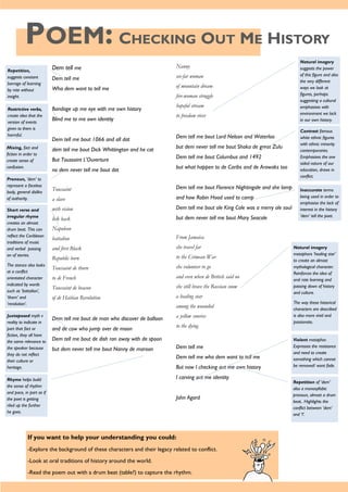 POEM: CHECKING OUT ME HISTORY
Dem tell me
Dem tell me
Wha dem want to tell me
Bandage up me eye with me own history
Blind me to me own identity
Dem tell me bout 1066 and all dat
dem tell me bout Dick Whittington and he cat
But Toussaint L’Ouverture
no dem never tell me bout dat
Toussaint
a slave
with vision
lick back
Napoleon
battalion
and first Black
Republic born
Toussaint de thorn
to de French
Toussaint de beacon
of de Haitian Revolution
Dem tell me bout de man who discover de balloon
and de cow who jump over de moon
Dem tell me bout de dish ran away with de spoon
but dem never tell me bout Nanny de maroon
Nanny
see-far woman
of mountain dream
fire-woman struggle
hopeful stream
to freedom river
Dem tell me bout Lord Nelson and Waterloo
but dem never tell me bout Shaka de great Zulu
Dem tell me bout Columbus and 1492
but what happen to de Caribs and de Arawaks too
Dem tell me bout Florence Nightingale and she lamp
and how Robin Hood used to camp
Dem tell me bout ole King Cole was a merry ole soul
but dem never tell me bout Mary Seacole
From Jamaica
she travel far
to the Crimean War
she volunteer to go
and even when de British said no
she still brave the Russian snow
a healing star
among the wounded
a yellow sunrise
to the dying
Dem tell me
Dem tell me wha dem want to tell me
But now I checking out me own history
I carving out me identity
John Agard
If you want to help your understanding you could:
-Explore the background of these characters and their legacy related to conflict.
-Look at oral traditions of history around the world.
-Read the poem out with a drum beat (table?) to capture the rhythm.
Repetition,
suggests constant
barrage of learning
by rote without
insight.
Restrictive verbs,
create idea that the
version of events
given to them is
harmful.
Mixing, fact and
fiction in order to
create sense of
confusion.
Pronoun, ‘dem’ to
represent a faceless
body, general dislike
of authority.
Short verse and
irregular rhyme
creates an almost
drum beat. This can
reflect the Caribbean
traditions of music
and verbal passing
on of stories.
The stanza also looks
at a conflict
orientated character
indicated by words
such as ‘battalion’,
‘thorn’ and
‘revolution’.
Juxtaposed myth v
reality to indicate in
part that fact or
fiction, they all have
the same relevance to
the speaker because
they do not reflect
their culture or
heritage.
Rhyme helps build
the sense of rhythm
and pace, in part as if
the poet is getting
riled up the further
he goes.
Natural imagery
suggests the power
of this figure and also
the very different
ways we look at
figures, perhaps
suggesting a cultural
emphasises with
environment we lack
in our own history.
Contrast famous
white ethnic figures
with ethnic minority
contemporaries.
Emphasises the one
sided nature of our
education, draws in
conflict.
Natural imagery
metaphors ‘healing star’
to create an almost
mythological character.
Reinforces the idea of
oral rote learning and
passing down of history
and culture.
The way these historical
characters are described
is also more vivid and
passionate.
Violent metaphor.
Expresses the resistance
and need to create
something which cannot
be removed/ wont fade.
Repetition of ‘dem’
also a monosyllabic
pronoun, almost a drum
beat.. Highlights the
conflict between ‘dem’
and ‘I’.
Inaccurate terms
being used in order to
emphasise the lack of
interest in the history
‘dem’ tell the poet.
 
