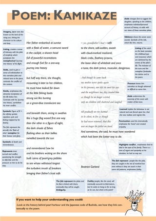 POEM: KAMIKAZE
If you want to help your understanding you could:
-Look at the history behind pearl harbour and the Japanese code of Bushido, see how they link con-
textually to the poem.
Her father embarked at sunrise
with a flask of water, a samurai sword
in the cockpit, a shaven head
full of powerful incantations
and enough fuel for a one-way
journey into history
but half way there, she thought,
recounting it later to her children,
he must have looked far down
at the little fishing boats
strung out like bunting
on a green-blue translucent sea
and beneath them, arcing in swathes
like a huge flag waved first one way
then the other in a figure of eight,
the dark shoals of fishes
flashing silver as their bellies
swivelled towards the sun
and remembered how he
and his brothers waiting on the shore
built cairns of pearl-grey pebbles
to see whose withstood longest
the turbulent inrush of breakers
bringing their father’s boat safe
– yes, grandfather’s boat – safe
to the shore, salt-sodden, awash
with cloud-marked mackerel,
black crabs, feathery prawns,
the loose silver of whitebait and once
a tuna, the dark prince, muscular, dangerous.
And though he came back
my mother never spoke again
in his presence, nor did she meet his eyes
and the neighbours too, they treated him
as though he no longer existed,
only we children still chattered and laughed
till gradually we too learned
to be silent, to live as though
he had never returned, that this
was no longer the father we loved.
And sometimes, she said, he must have wondered
which had been the better way to die.
Beatrice Garland
Imagery, Japan was also
known as the land of the
rising sun, linking the
character to his culture
and duty.
Aside changes font to suggest the
daughter, speaking to the children,
emphasise individual/personal
account of history, at odds with
our views of these nameless pilots.
Listing, creates a sense
of intimacy with the pilot
of simplicity which
juxtaposes the
metaphorical ‘journey
into history’ of his flight.
Aside, used to give a
sense of individualism to
this nameless pilot and
relaxed tone to the piece,
contrasts the conflict of
the context.
Simile, emphasises the
attractive temptation of
the life below him.
Contrasts with his ‘journey
into history’, symbolises
his inner conflict.
Symbolic Figure of 8 ∞
the infinity symbol,
repetitive cycle and
feeling trapped by his
destiny.
The fish represent the
aircraft, the ‘flash of
silver’ metaphor for
their honour and glory.
Symbolic of death and
remembrance.
Represents inner
turmoil and conflict,
questioning the strength
to defy fate and the
pressure on him to do his
duty.
Sibilance shows the ocean wave
sounds. Symbolic of the tide,
which like him, returns.
Listing of the catch
on the boat connotes
the childhood joys
and innocence which
are darkened by the
events of the pilot’s
life. The inclusion of
the tuna and the
metaphor forebodes
the darker end to
the poem.
Pronoun leaves him
nameless as though ashamed
or difficult to name him.
Aside undermines the
enormity of the event with
matter of fact tone.
Learned implies the behaviour is not
natural and was forced upon her, that
she now realises and regrets this.
Punctuation used the dramatically
emphasise the ‘loved’ and created
empathy.
Highlights conflict , emphasises that he
died in the eyes of his family. There is a
tone of regret and sympathy at his
situation, he had no way out.
The fish represent people like the pilot,
they are caught in the net of mankind but
even without it they are stuck in their
same old patterns, emphasises futility.
Futility people, like the sand, will
eventually succumb to fate/nature.,
but he seeks to hang on for as long
as he can, but what is the point?
The fish represent the pilots and
his fate is linked with theirs,
eventually they will be caught.
Ambiguity.
 