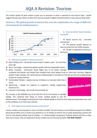 28
75
130
300 330
500
580 610
0
100
200
300
400
500
600
700
1950 1960 1970 1980 1990 2000 2010
Tourist(millions)
World Tourists (millions)
AQA A Revision: Tourism
This revision guide has been written to give you an overview of what is required for the tourism topic. I would
suggest that you learn what is written here, but you shouldn’t neglect materials written in your exercise book either.
Section A: The global growth of tourism has seen the exploitation of a range of different
environments for holidaymakers
1. How has World Tourist Numbers
increased?
 World tourism has increased
dramatically
 The greatest growth appears to
have occurred from the 1970s onwards
 Growth is expected to continue in
the future
2. Why has this growth in tourism occurred?
 More holiday time – UK workers have at least 3 weeks a year - far more than
years ago
 Rise in real wages – people have greater wealth and more disposable income
 Better transport - particularly cheap flights due to jet planes through
companies like Ryanair and Easyjet have enabled many more people to go on ‘short-haul’ journeys. Regional
airports make it quicker. Car ownership has enabled people to visit places in the UK, but also has enabled people
to drive to nearby countries
 Fashionable/ Lifestyle – people now see a holiday as a necessity rather than a
luxury
 Advertising – people are exposed to magazines, holiday programmes,
brochures etc.
 Increase in technology - last minute internet deals etc
The increase in the 1950/60s was to do with the rise of ‘all-inclusive’ or package
holiday. This combined with cheap air travel, enabled people to visit the
Mediterranean. Technological improvements have enabled people to travel to more long-haul destinations too, such
as the Caribbean, as air fares have reduced.
3. How might tourist number increase in the future?
Tourist numbers are forecasted to reach 1.6 billion by 2020. This will continue to be fuelled by people from MEDCs
going abroad (often just as cheap to go abroad as it is to holiday at home!), but crucially developing countries will
start to have people wishing to go on holiday – i.e. Chinese people are going to Thailand, Sydney and Paris as they
have more money. They are expected to be the number source of tourists by 2020! ‘THE NEW TOURIST’.
 