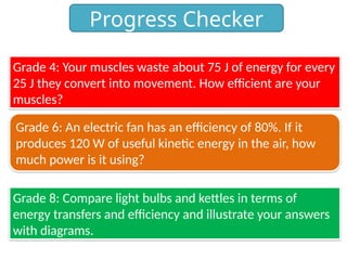 Progress Checker
Grade 4: Your muscles waste about 75 J of energy for every
25 J they convert into movement. How efficient are your
muscles?
Grade 6: An electric fan has an efficiency of 80%. If it
produces 120 W of useful kinetic energy in the air, how
much power is it using?
Grade 8: Compare light bulbs and kettles in terms of
energy transfers and efficiency and illustrate your answers
with diagrams.
 