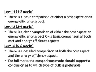 Level 1 (1-2 marks)
• There is a basic comparison of either a cost aspect or an
energy efficiency aspect.
Level 2 (3-4 marks)
• There is a clear comparison of either the cost aspect or
energy efficiency aspect OR a basic comparison of both
cost and energy efficiency aspects
Level 3 (5-6 marks)
• There is a detailed comparison of both the cost aspect
and the energy efficiency aspect.
• For full marks the comparisons made should support a
conclusion as to which type of bulb is preferable
 