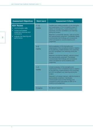 12
Level 3 Extended Project Qualification Specification (version 1.1)
2
Detailed and careful evaluation of the strengths
and weaknesses of the completed project in
relation to the planning, implementation and
outcomes, and the candidate’s own learning
during the project.
Material is consistently relevant, well-structured
and appropriately presented. Candidates clearly
communicate their findings and conclusions
which are based on sound evidence and
judgement.
Some evaluation of the strengths and
weaknesses of the completed project in relation
to the planning, implementation and outcomes,
and the candidate’s own learning during the
project.
Material is sometimes relevant, well-structured
and appropriately presented. Candidates
communicate their findings and conclusions
which are based on some evidence and
judgement.
Limited evaluation of the strengths and
weaknesses of the completed project in relation
to the planning, implementation and outcomes,
and the candidate’s own learning during the
project.
Material is not always relevant, well-structured or
appropriately presented. Candidates
communicate some of their findings and
conclusions which are based on little or no
evidence and judgement.
No relevant response.
7–10
marks
4–6
marks
1–3
marks
0 marks
AO4 Review
• communication skills
• convey and present
evidenced outcomes and
conclusions
• evaluate own learning and
performance
Assessment Objectives Mark band Assessment Criteria
 