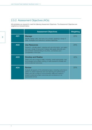 8
Level 3 Extended Project Qualification Specification (version 1.1)
2
2.5.2 Assessment Objectives (AOs)
All candidates are required to meet the following Assessment Objectives. The Assessment Objectives are
weighted as indicated below:
Assessment Objectives Weighting
Manage
Identify, design, plan, and carry out a project, applying a range of
skills, strategies and methods to achieve objectives.
Use Resources
Research, critically select, organise and use information, and select
and use a range of resources. Analyse data apply relevantly and
demonstrate understanding of any links, connections and
complexities of the topic.
Develop and Realise
Select and use a range of skills, including, where appropriate, new
technologies and problem-solving, to take decisions critically and
achieve planned outcomes.
Review
Evaluate all aspects of the extended project, including outcomes in
relation to stated objectives and own learning and performance.
Select and use a range of communication skills and media to
present evidenced project outcomes and conclusions in an
appropriate format.
AO1
AO2
AO3
AO4
20%
20%
40%
20%
 