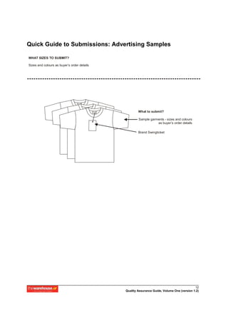 Quick Guide to Submissions: Advertising Samples

WHAT SIZES TO SUBMIT?

Sizes and colours as buyer’s order details




                                                     What to submit?

                                                     Sample garments - sizes and colours
                                                                as buyer’s order details

                                                     Brand Swingticket




                                                                                           12
                                             Quality Assurance Guide, Volume One (version 1.2)
 