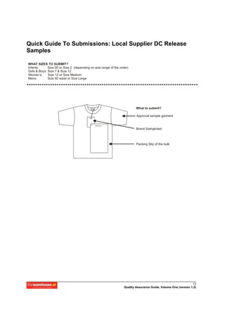 Quick Guide To Submissions: Local Supplier DC Release
Samples

WHAT SIZES TO SUBMIT?
Infants:      Size 00 or Size 2 (depending on size range of the order)
Girls & Boys: Size 7 & Size 12
Women’s:      Size 12 or Size Medium
Mens:         Size 92 waist or Size Large




                                                                           What to submit?

                                                                           Approval sample garment

                                              Packing Slip


                                                                           Brand Swingticket



                                                                           Packing Slip of the bulk




                                                                                                                 13
                                                                   Quality Assurance Guide, Volume One (version 1.2)
 