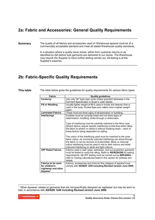 2a: Fabric and Accessories: General Quality Requirements


Summary            The quality of all fabrics and accessories used on Warehouse apparel must be of a
                   commercially acceptable standard and meet all stated Warehouse quality standards.

                   In a situation where a quality issue arises, either from customer returns or as
                   identified by QA before bulk garments are delivered to our stores, The Warehouse
                   may require the Supplier to have further testing carried out. All testing is at the
                   Supplier’s expense.




2b: Fabric-Specific Quality Requirements


This table         The table below gives the guidelines for quality requirements for various fabric types.

                          Fabric                                    Quality guidelines
                    Corduroy              Use only "W" back type cords unless specified otherwise in the
                                          Garment Specification in Buyer’s order details.
                    Fill or Wadding       Usually lighter weight of fill is used in hoods and sleeves than is
                                          used in the body. Pocket flaps and collars have a lighter weight
                                          again.
                    Laminated Fabrics     These must not show signs of de-lamination or bubbling.
                    Interfacings          Fusibles must be correctly fused and not show signs of
                                          delamination, bubbling, strike-through or strike-back.

                                          Type of interfacing must be carefully matched to the fabric type.
                                          Stretch fabrics require specific interfacing so that they either allow
                                          the fabric to stretch or restrict it without breaking down – each of
                                          these factors being dependent on styling.

                                          The colour of the interfacing used must be matched to the outer
                                          fabric colour, as incorrectly coloured interfacing can show through
                                          the fabric or can be obvious on buttonholes. Black or charcoal
                                          colour interfacing must be used in mid to dark colours and white
                                          coloured interfacing on white and light colours.
                    UPF Rated Fabrics     Fabrics used in rash vests, swimwear, and sun-protection garments
                                          must be tested to verify the rating. Refer to AS/NZS4399 for testing
                                          requirements. All UPF testing must be carried out by ARPANSA –
                                          refer to Testing Laboratories listed in this section for address and
                                          details.
                    Fabrics to be used    Fabrics, accessories and trims for this category of apparel must
                    for children’s        comply with AS/NZS 1249 including Revised version June 2008.
                    nightwear and other
                             1
                    daywear




1
 ‘Other daywear’ relates to garments that are not specifically designed as nightwear but may be worn to
bed, in accordance with AS/NZS 1249 including Revised version June 2008.

                                                                                                            16
                                                              Quality Assurance Guide, Volume One (version 1.2)
 