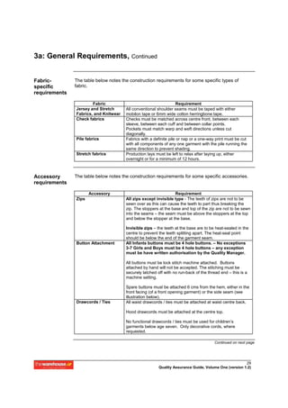 3a: General Requirements, Continued


Fabric-        The table below notes the construction requirements for some specific types of
specific       fabric.
requirements

                       Fabric                                      Requirement
               Jersey and Stretch      All conventional shoulder seams must be taped with either
               Fabrics, and Knitwear   mobilon tape or 6mm wide cotton herringbone tape.
               Check fabrics           Checks must be matched across centre front, between each
                                       sleeve, between each cuff and between collar points.
                                       Pockets must match warp and weft directions unless cut
                                       diagonally.
               Pile fabrics            Fabrics with a definite pile or nap or a one-way print must be cut
                                       with all components of any one garment with the pile running the
                                       same direction to prevent shading.
               Stretch fabrics         Production lays must be left to relax after laying up, either
                                       overnight or for a minimum of 12 hours.



Accessory      The table below notes the construction requirements for some specific accessories.
requirements

                      Accessory                                   Requirement
               Zips                    All zips except invisible type - The teeth of zips are not to be
                                       sewn over as this can cause the teeth to part thus breaking the
                                       zip. The stoppers at the base and top of the zip are not to be sewn
                                       into the seams – the seam must be above the stoppers at the top
                                       and below the stopper at the base.

                                       Invisible zips – the teeth at the base are to be heat-sealed in the
                                       centre to prevent the teeth splitting apart. The heat-seal point
                                       should be below the end of the garment seam.
               Button Attachment       All Infants buttons must be 4 hole buttons. – No exceptions
                                       3-7 Girls and Boys must be 4 hole buttons – any exception
                                       must be have written authorisation by the Quality Manager.

                                       All buttons must be lock stitch machine attached. Buttons
                                       attached by hand will not be accepted. The stitching must be
                                       securely latched off with no run-back of the thread end – this is a
                                       machine setting.

                                       Spare buttons must be attached 6 cms from the hem, either in the
                                       front facing (of a front opening garment) or the side seam (see
                                       illustration below).
               Drawcords / Ties        All waist drawcords / ties must be attached at waist centre back.

                                       Hood drawcords must be attached at the centre top.

                                       No functional drawcords / ties must be used for children’s
                                       garments below age seven. Only decorative cords, where
                                       requested.

                                                                                       Continued on next page




                                                                                                       29
                                                         Quality Assurance Guide, Volume One (version 1.2)
 