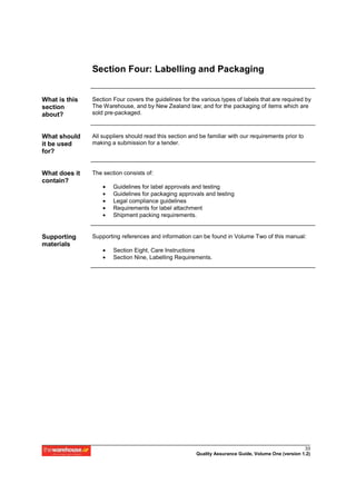 Section Four: Labelling and Packaging


What is this   Section Four covers the guidelines for the various types of labels that are required by
section        The Warehouse, and by New Zealand law; and for the packaging of items which are
about?         sold pre-packaged.



What should    All suppliers should read this section and be familiar with our requirements prior to
it be used     making a submission for a tender.
for?


What does it   The section consists of:
contain?
                   •   Guidelines for label approvals and testing
                   •   Guidelines for packaging approvals and testing
                   •   Legal compliance guidelines
                   •   Requirements for label attachment
                   •   Shipment packing requirements.


Supporting     Supporting references and information can be found in Volume Two of this manual:
materials
                   •   Section Eight, Care Instructions
                   •   Section Nine, Labelling Requirements.




                                                                                                      33
                                                        Quality Assurance Guide, Volume One (version 1.2)
 