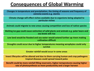 Consequences of Global Warming
Changes in temperature and precipitation, the timing of seasons and frequency of
extreme events e.g. storms
Climate change will effect niches available due to organisms being adapted to
particular niches
Animals could migrate to new areas causing competition and loss of native species

Melting ice gap could cause extinction of wild plants and animals e.g. polar bears and
sea levels will rise
Low land would be flooded and sea water would extend further up rivers making
cultivation difficult
Droughts could occur due to higher temperatures meaning xerophytes could only
survive
Greater rainfall would occur in some areas
Insect lifecycles will be altered and due to them carrying human and crop pathogens
tropical diseases could spread toward poles
Benefit could be more rainfall filling reservoirs, higher temperatures causing higher
rate of photosynthesis so more productivity and a larger harvest

 