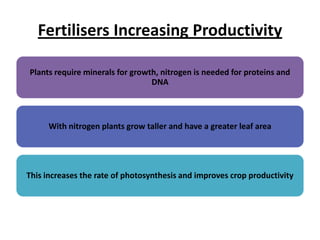 Fertilisers Increasing Productivity
Plants require minerals for growth, nitrogen is needed for proteins and
DNA

With nitrogen plants grow taller and have a greater leaf area

This increases the rate of photosynthesis and improves crop productivity

 