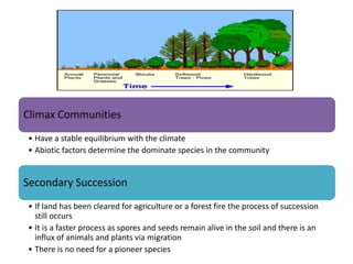 Climax Communities
• Have a stable equilibrium with the climate
• Abiotic factors determine the dominate species in the community

Secondary Succession
• If land has been cleared for agriculture or a forest fire the process of succession
still occurs
• It is a faster process as spores and seeds remain alive in the soil and there is an
influx of animals and plants via migration
• There is no need for a pioneer species

 