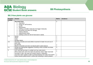 B8 Photosynthesis
Student Book answers
B8.3 How plants use glucose
Question
number
Answer Marks Guidance
1 Any three from:
• respiration,
• energy for cell functions,
• growth,
• reproduction,
• building up smaller molecules into bigger molecules,
• conversion into starch for storage,
• making cellulose,
• making amino acids,
• building up fats and oils for food store in seeds.
3
2 a leaves,
stems,
roots,
storage organs
1
1
1
1
2 b Glucose is soluble and would affect movement of water into and out of
plant cells
by osmosis.
Starch is insoluble and does not disturb plant’s water balance.
1
1
1
2 c Accept any appropriate suggestion involving a slice of potato and dilute
iodine solution.
3
3 Left‑hand leaf has been in sunlight and has made starch.
When tested with iodine this stains the leaf blue‑black. Right‑hand leaf
has been in dark, has used up its starch stores in respiration
and hasn’t been subject to light to photosynthesise and make more starch.
Iodine remains yellow-brown in iodine test indicating no starch present.
1
1
1
1
© Oxford University Press 2017 www.oxfordsecondary.co.uk/acknowledgements
This resource sheet may have been changed from the original. 4
 