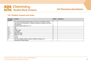© Oxford University Press 2017 www.oxfordsecondary.co.uk/acknowledgements
This resource sheet may have been changed from the original. 1
C4 Chemical calculations
Student Book answers
C4.1 Relative masses and moles
Question
number
Answer Marks Guidance
1 The mean (average) relative mass of an atom of an element, taking
into account the proportions of different isotopes naturally occurring in
that element,
using the scale carbon-12 = 12.
1
1
2 a 62 1
2 b 180 1
3 a 0.005 moles 1
3 b i 0.3 moles 1
3 b ii 500 000 moles 1
4 a 5000 g or 5 kg 1
4 b 0.1 g 1
4 c 74.4 g 1
5 due to averaging relative masses of different isotopes in a
naturally occurring sample
1
 