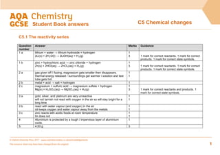 C5 Chemical changes
Student Book answers
C5.1 The reactivity series
Question
number
Answer Marks Guidance
1 a lithium + water → lithium hydroxide + hydrogen
2Li(s) + 2H2O(l) → 2LiOH(aq) + H2(g)
1
3 1 mark for correct reactants. 1 mark for correct
products. 1 mark for correct state symbols.
1 b zinc + hydrochloric acid → zinc chloride + hydrogen
Zn(s) + 2HCl(aq) → ZnCl2(aq) + H2(g)
1
3 1 mark for correct reactants. 1 mark for correct
products. 1 mark for correct state symbols.
2 a gas given off / fizzing, magnesium gets smaller then disappears,
thermal energy released / surroundings get warmer / solution and test
tube gets hot
1
1
2 b metal + acid → salt + hydrogen 1
2 c magnesium + sulfuric acid → magnesium sulfate + hydrogen
Mg(s) + H2SO4(aq) → MgSO4(aq) + H2(g)
1
3 1 mark for correct reactants and products. 1
mark for correct state symbols.
3 a gold, silver, and platinum are very unreactive
will not tarnish not react with oxygen in the air so will stay bright for a
long time
1
1
3 b react with water vapour (and oxygen) in the air
oil keeps oxygen and water vapour away from the metals
1
1
3 c zinc reacts with acidic foods at room temperature
tin does not
1
1
4 Aluminium is protected by a tough / impervious layer of aluminium
oxide.
1
5 4.00 g 3
© Oxford University Press 2017 www.oxfordsecondary.co.uk/acknowledgements
This resource sheet may have been changed from the original. 1
 