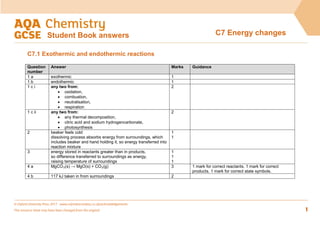 C7 Energy changes
Student Book answers
C7.1 Exothermic and endothermic reactions
Question
number
Answer Marks Guidance
1 a exothermic 1
1 b endothermic 1
1 c i any two from:
• oxidation,
• combustion,
• neutralisation,
• respiration
2
1 c ii any two from:
• any thermal decomposition,
• citric acid and sodium hydrogencarbonate,
• photosynthesis
2
2 beaker feels cold
dissolving process absorbs energy from surroundings, which
includes beaker and hand holding it, so energy transferred into
reaction mixture
1
1
3 energy stored in reactants greater than in products,
so difference transferred to surroundings as energy,
raising temperature of surroundings
1
1
1
4 a MgCO3(s) → MgO(s) + CO2(g) 3 1 mark for correct reactants. 1 mark for correct
products. 1 mark for correct state symbols.
4 b 117 kJ taken in from surroundings 2
© Oxford University Press 2017 www.oxfordsecondary.co.uk/acknowledgements
This resource sheet may have been changed from the original. 1
 