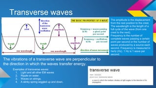 Transverse waves
The vibrations of a transverse wave are perpendicular to
the direction in which the waves transfer energy.
The amplitude is the displacement
from the rest position to the crest.
The wavelength is the length of a
full cycle of the wave (from one
crest to the next).
Frequency is the number of
complete waves passing a certain
point per second or the number of
waves produced by a source each
second. Frequency is measured in
hertz (Hz). 1 Hz is 1 wave per
second.
Examples of transverse waves:
1. Light and all other EM waves
2. Ripple on water.
3. Waves on strings.
4. A slinky spring wiggled up and down.
 