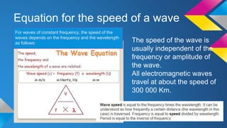Equation for the speed of a wave
The speed of the wave is
usually independent of the
frequency or amplitude of
the wave.
All electromagnetic waves
travel at about the speed of
300 000 Km.
For waves of constant frequency, the speed of the
waves depends on the frequency and the wavelength
as follows:
 