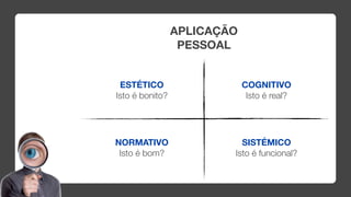 APLICAÇÃO
                  PESSOAL


 ESTÉTICO                    COGNITIVO
Isto é bonito?                Isto é real?




NORMATIVO                  SISTÉMICO
 Isto é bom?             Isto é funcional?
 