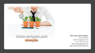 Muito obrigado pela   Para mais informações:
                                   Vasco Gaspar
      atenção              vg@vascogaspar.com
                              +351 965 543 450
                         http://vascogaspar.com
                      http://www.zorbuddha.org
 